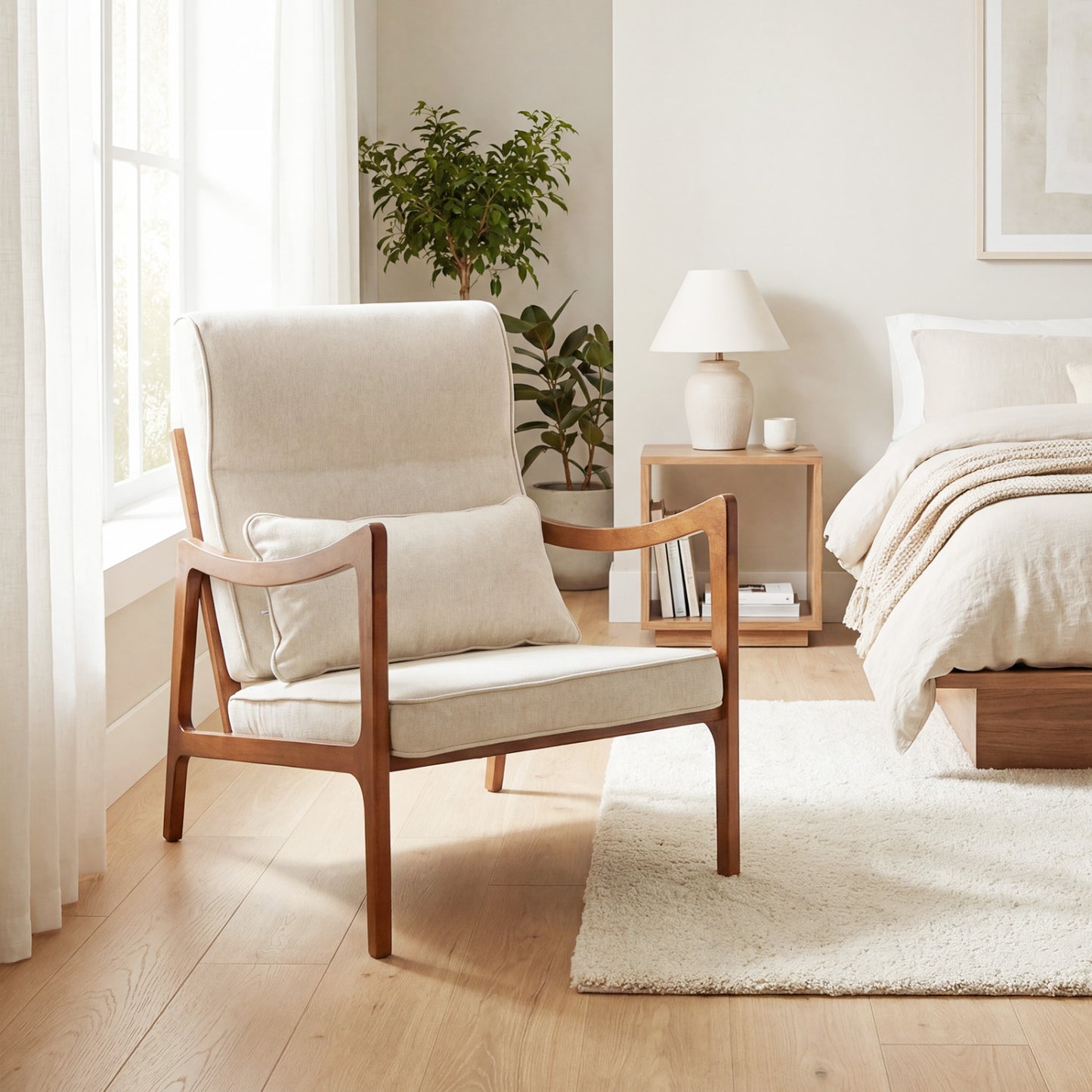 Modern Accent Chair, Solid Rubber Wood Faux Leather Armchair, White Accent Chairs at Gallery Canada