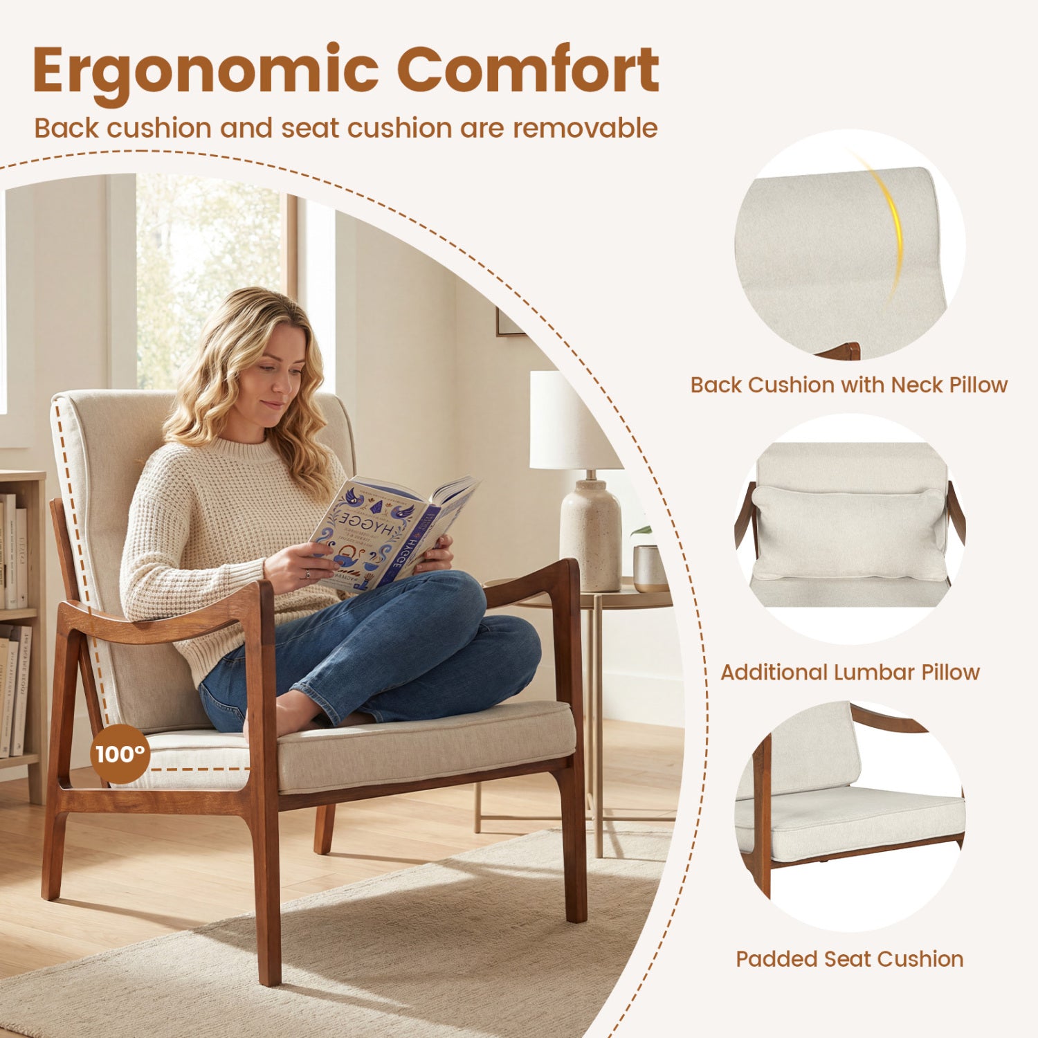 Modern Accent Chair, Solid Rubber Wood Faux Leather Armchair, White Accent Chairs at Gallery Canada