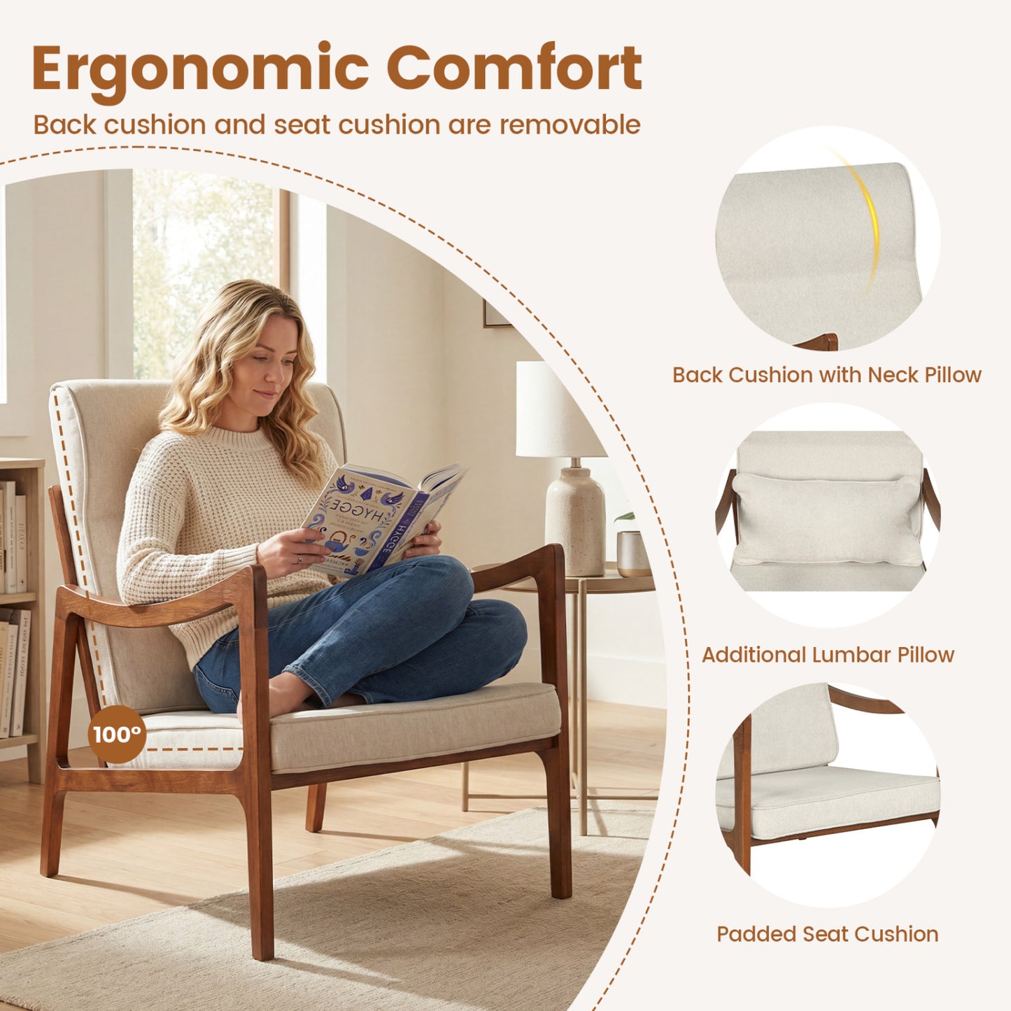 Modern Accent Chair, Solid Rubber Wood Faux Leather Armchair, White Accent Chairs at Gallery Canada