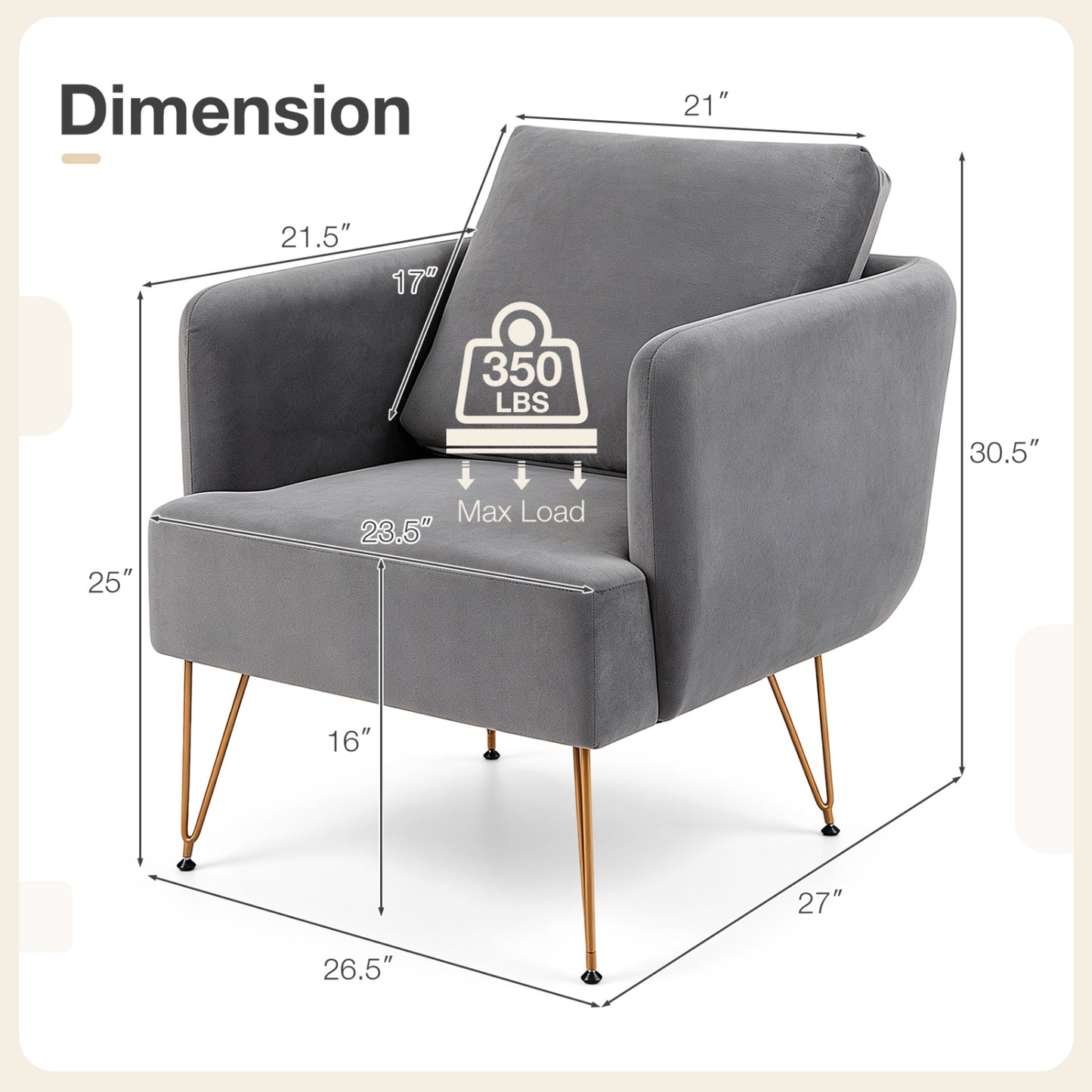 Chaise d'appoint moderne avec coussin de dossier, grise