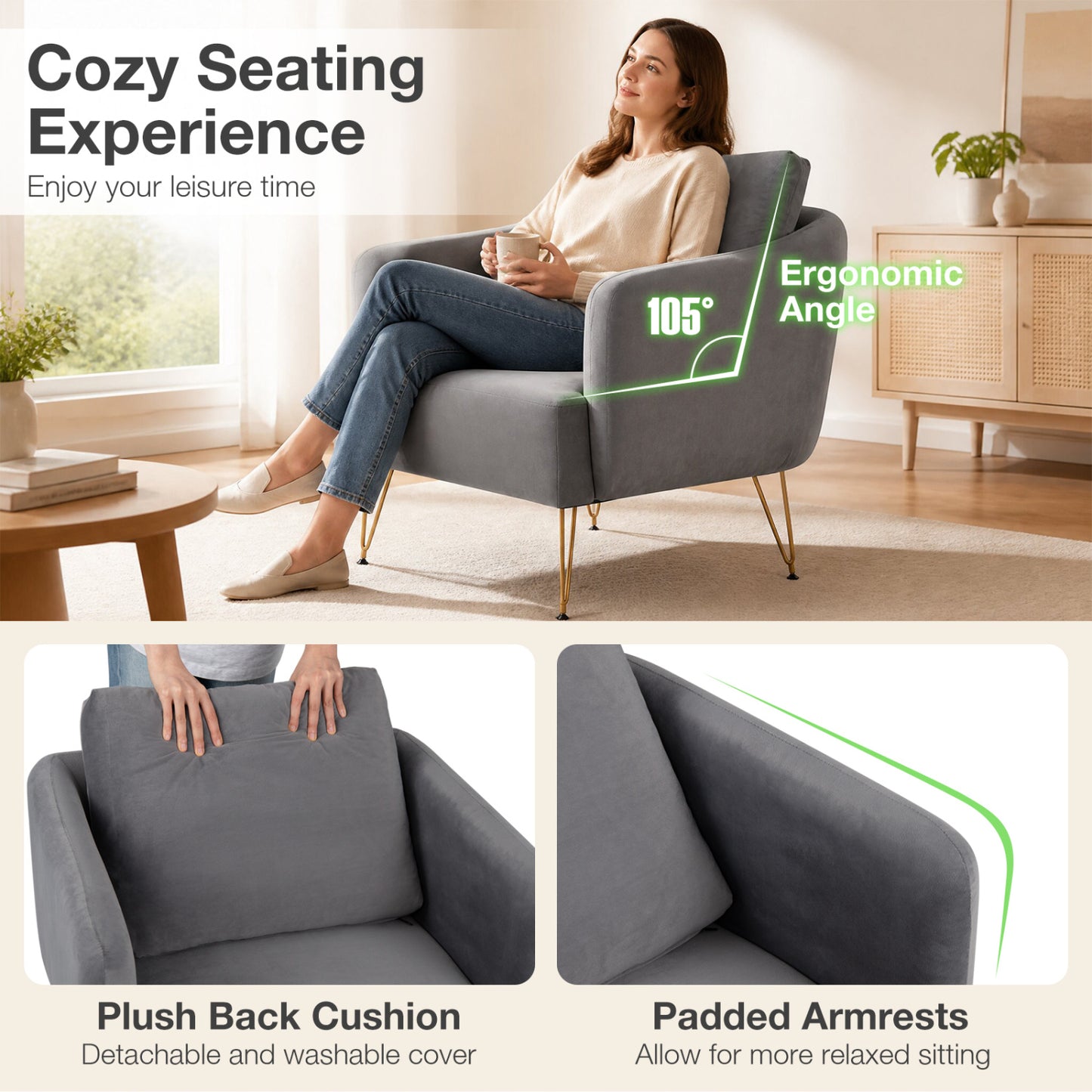 Chaise d'appoint moderne avec coussin de dossier, grise