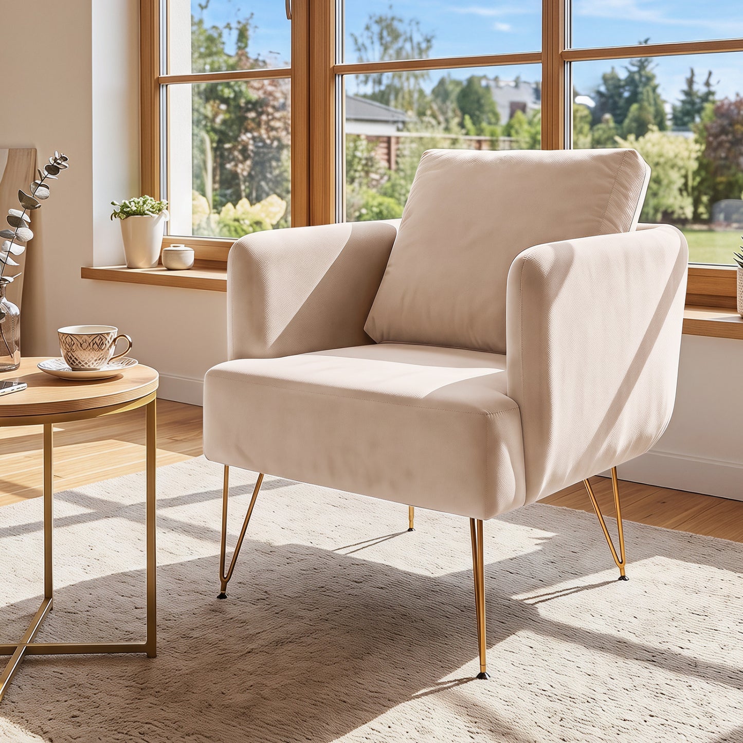 Fauteuil d'appoint avec coussin de dossier, pieds en métal, beige, doré