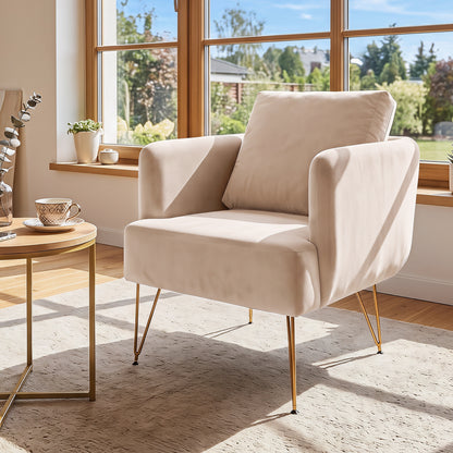 Fauteuil d'appoint avec coussin de dossier, pieds en métal, beige, doré