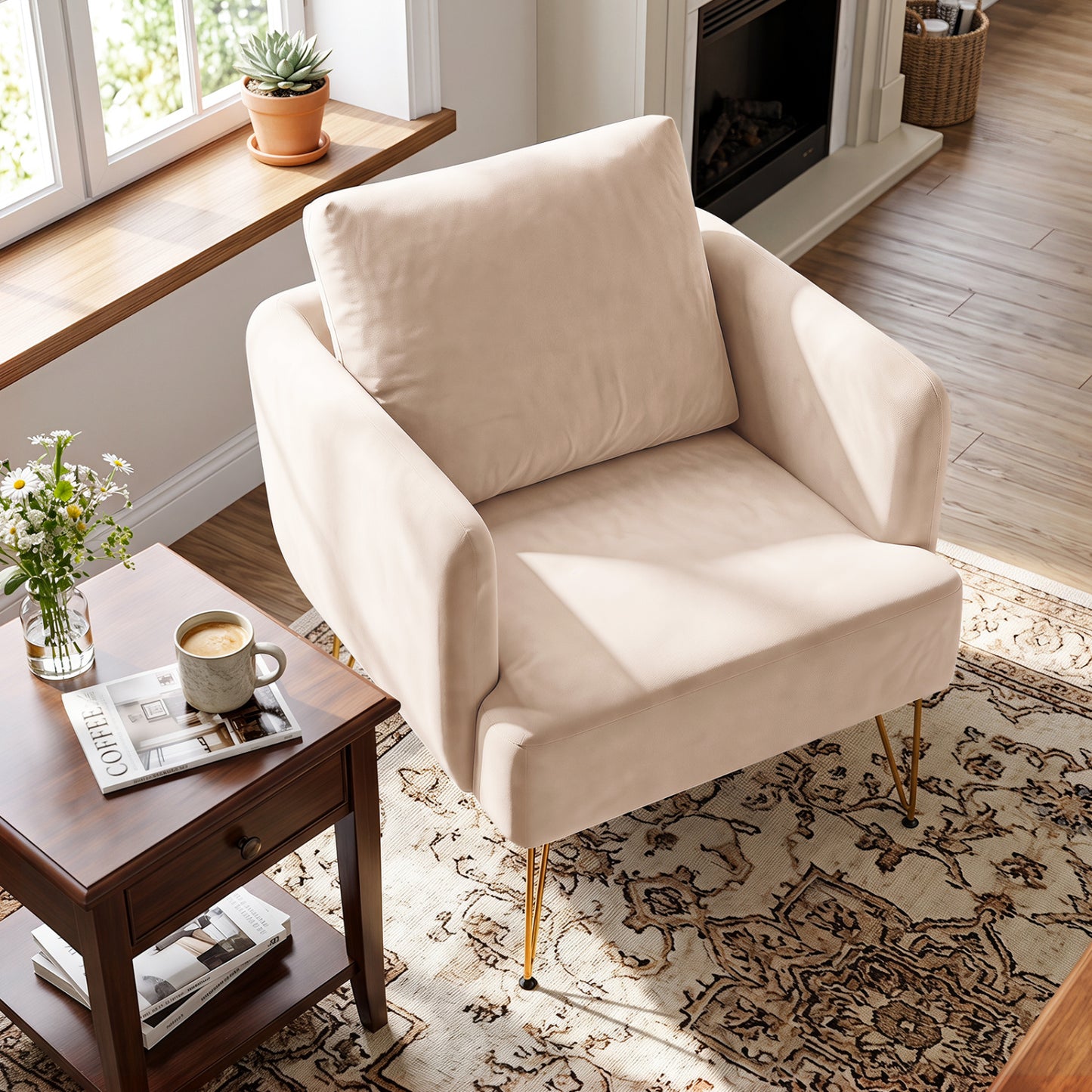 Fauteuil d'appoint avec coussin de dossier, pieds en métal, beige, doré