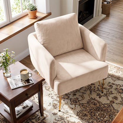 Fauteuil d'appoint avec coussin de dossier, pieds en métal, beige, doré