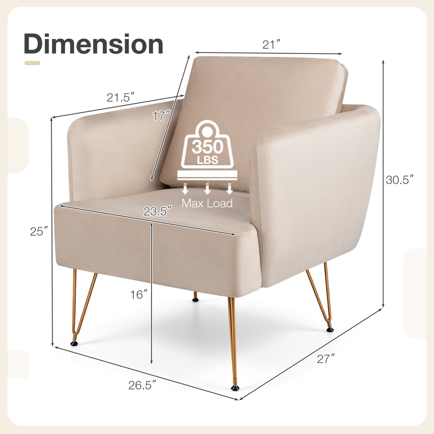 Fauteuil d'appoint avec coussin de dossier, pieds en métal, beige, doré