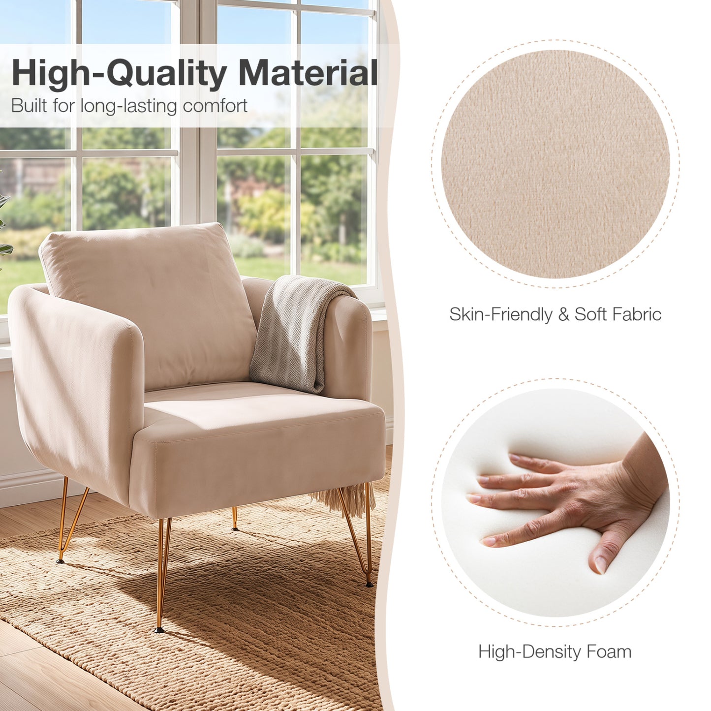 Fauteuil d'appoint avec coussin de dossier, pieds en métal, beige, doré