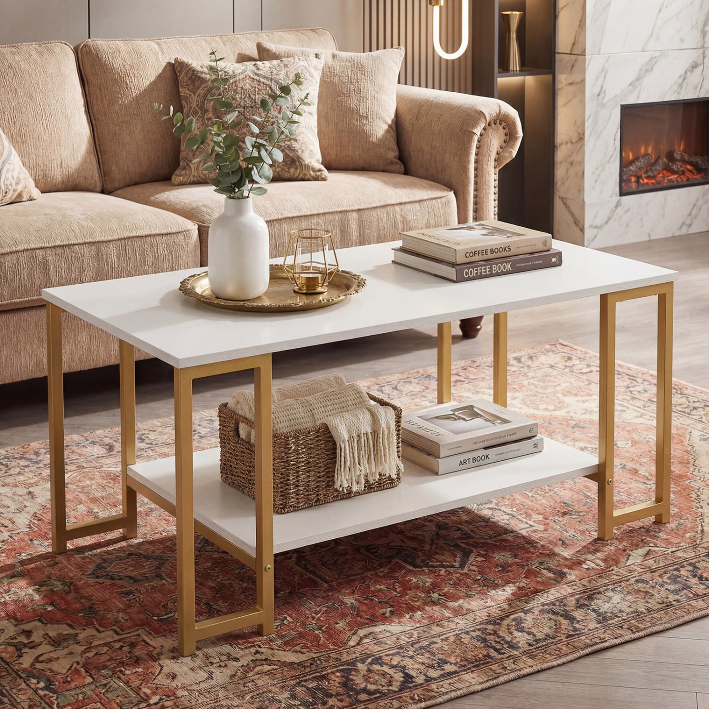 Modern Accent Table With Open Storage Shelf, White Coffee Tables at Gallery Canada