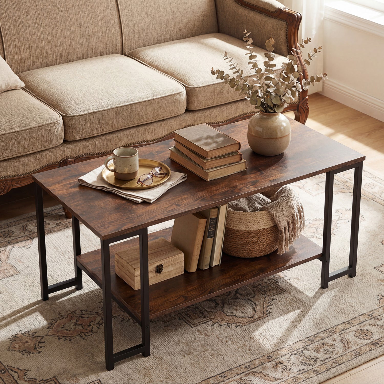 Modern Accent Table with Open Storage Shelf for Apartment and Lounge, Rustic Brown Coffee Tables at Gallery Canada