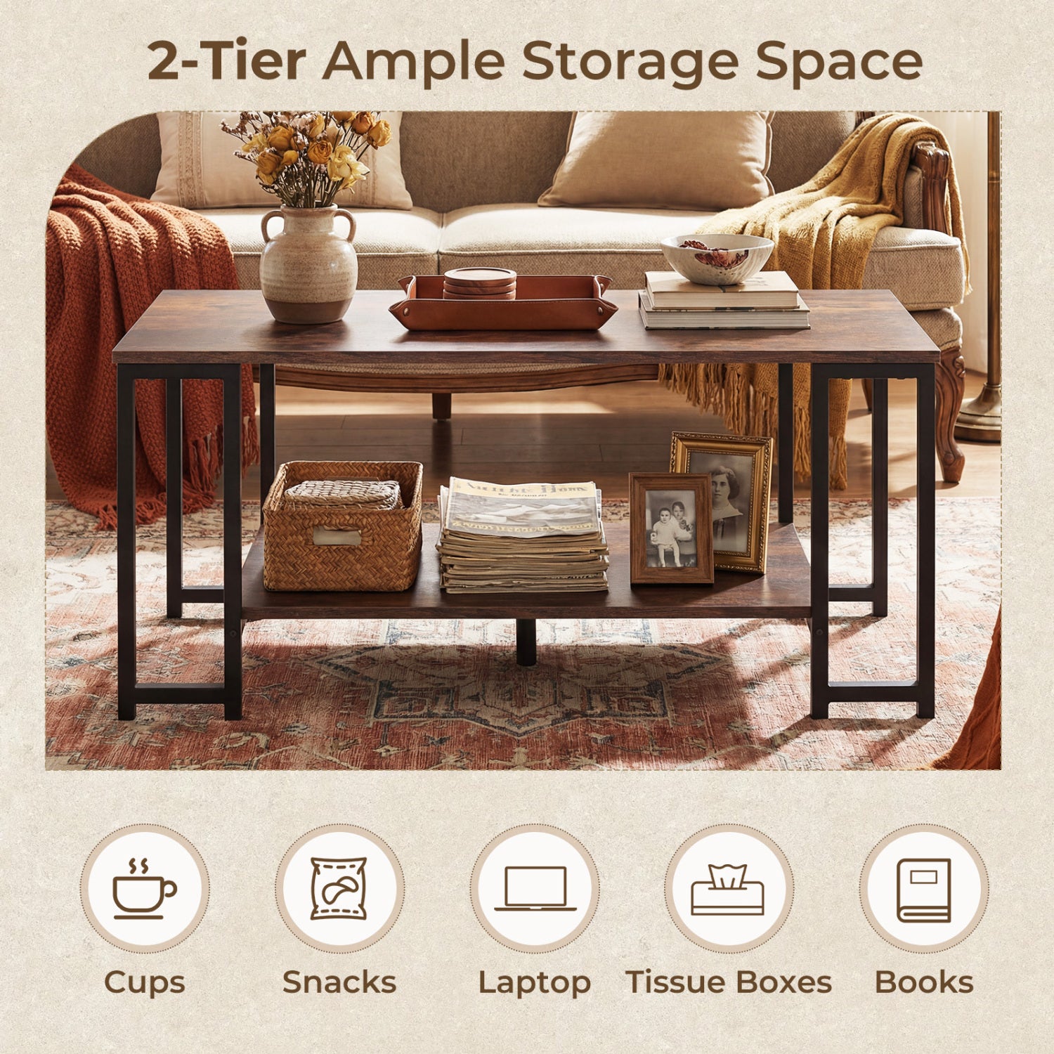 Modern Accent Table with Open Storage Shelf for Apartment and Lounge, Rustic Brown Coffee Tables at Gallery Canada