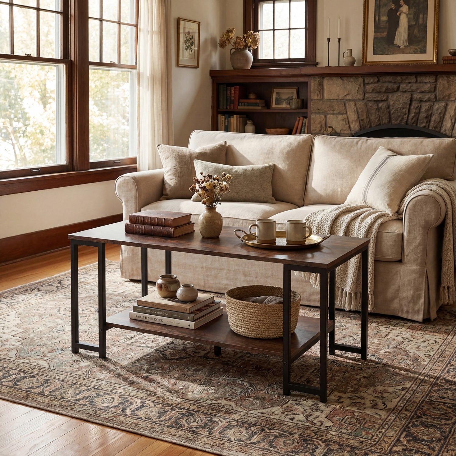 Modern Accent Table with Open Storage Shelf for Apartment and Lounge, Rustic Brown Coffee Tables at Gallery Canada