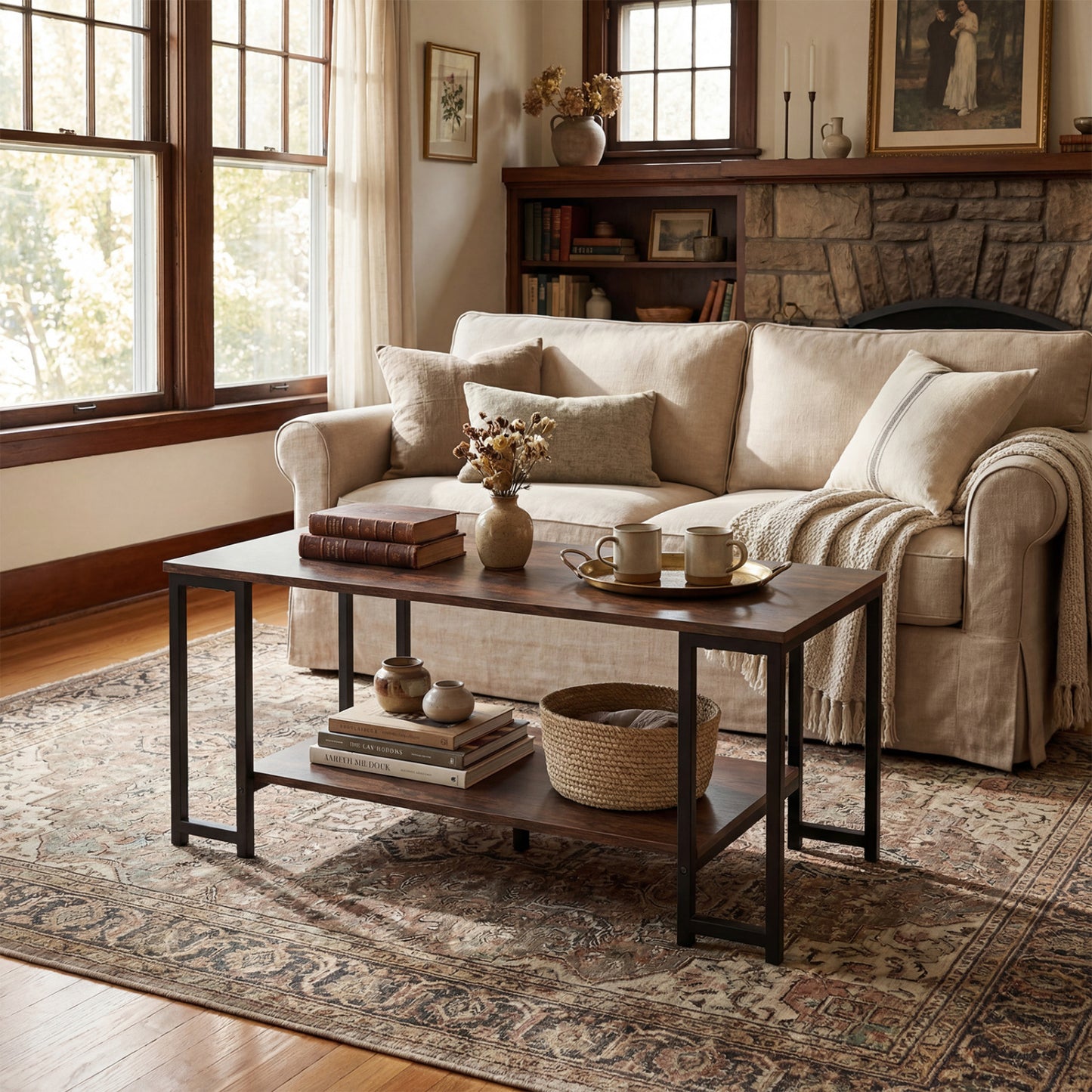 Modern Accent Table with Open Storage Shelf for Apartment and Lounge, Rustic Brown Coffee Tables at Gallery Canada