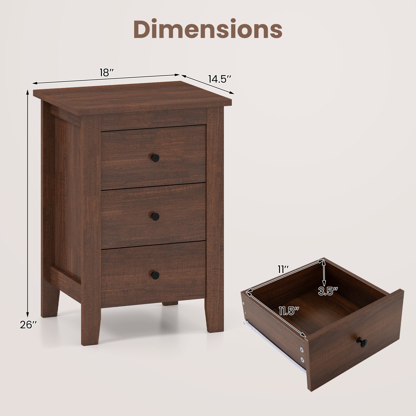Modern Bedside Cabinet with 3 Drawers for Living Room and Bedroom, Walnut Bedroom at Gallery Canada