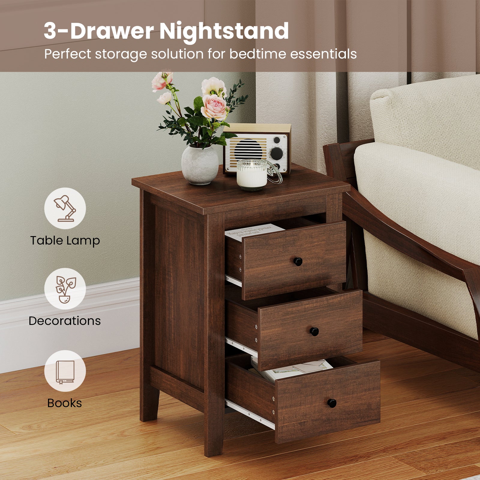 Modern Bedside Cabinet with 3 Drawers for Living Room and Bedroom, Walnut Bedroom at Gallery Canada