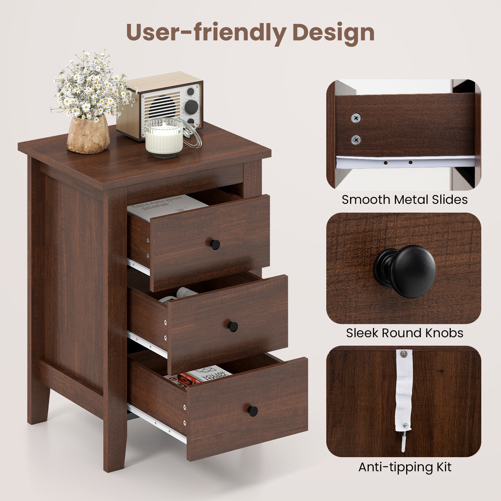 Modern Bedside Cabinet with 3 Drawers for Living Room and Bedroom, Walnut Bedroom at Gallery Canada
