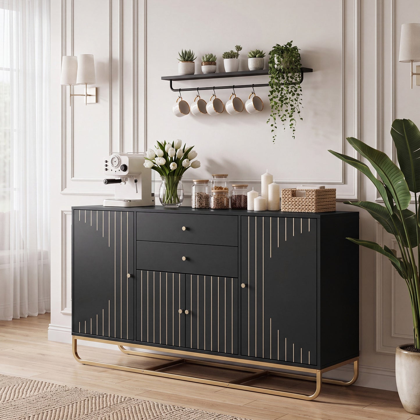 Modern Buffet Sideboard Cabinet, 2 Drawers, Black