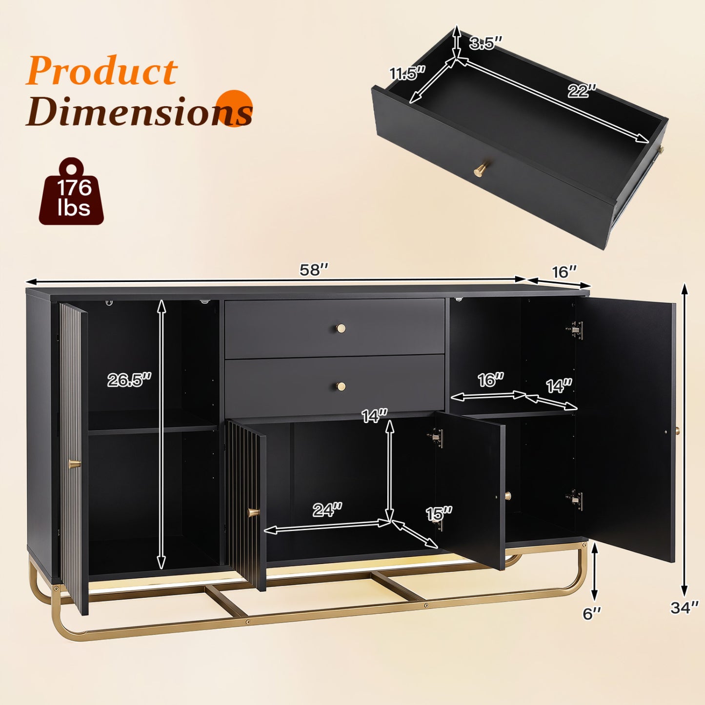 Modern Buffet Sideboard Cabinet, 2 Drawers, Black