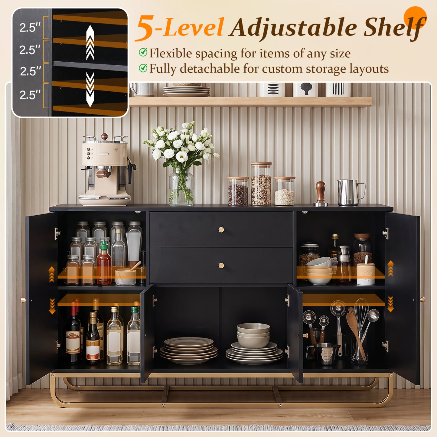Modern Buffet Sideboard Cabinet, 2 Drawers, Black
