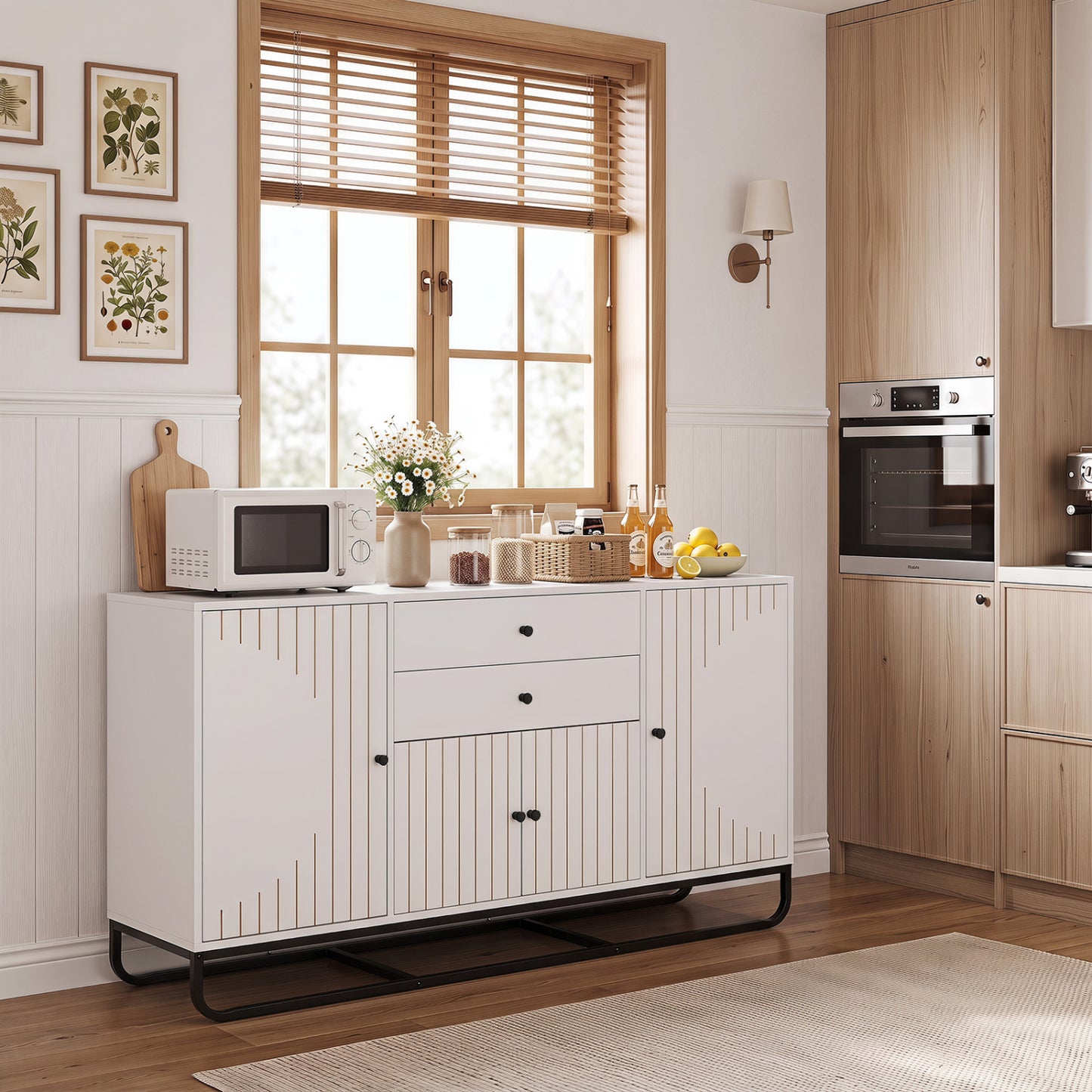 Modern Buffet Sideboard Cabinet, 2 Drawers, Adjustable Shelves, White