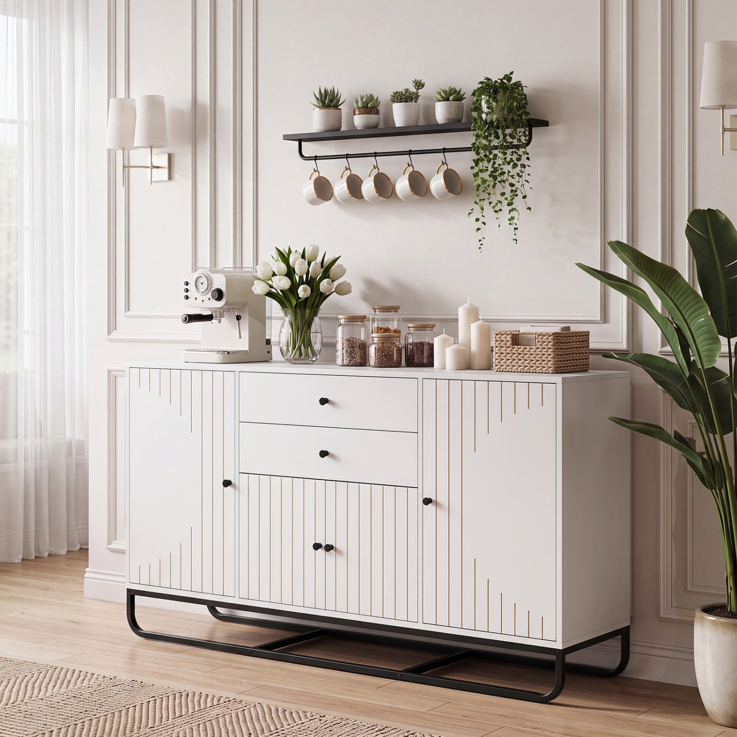 Modern Buffet Sideboard Cabinet, 2 Drawers, Adjustable Shelves, White