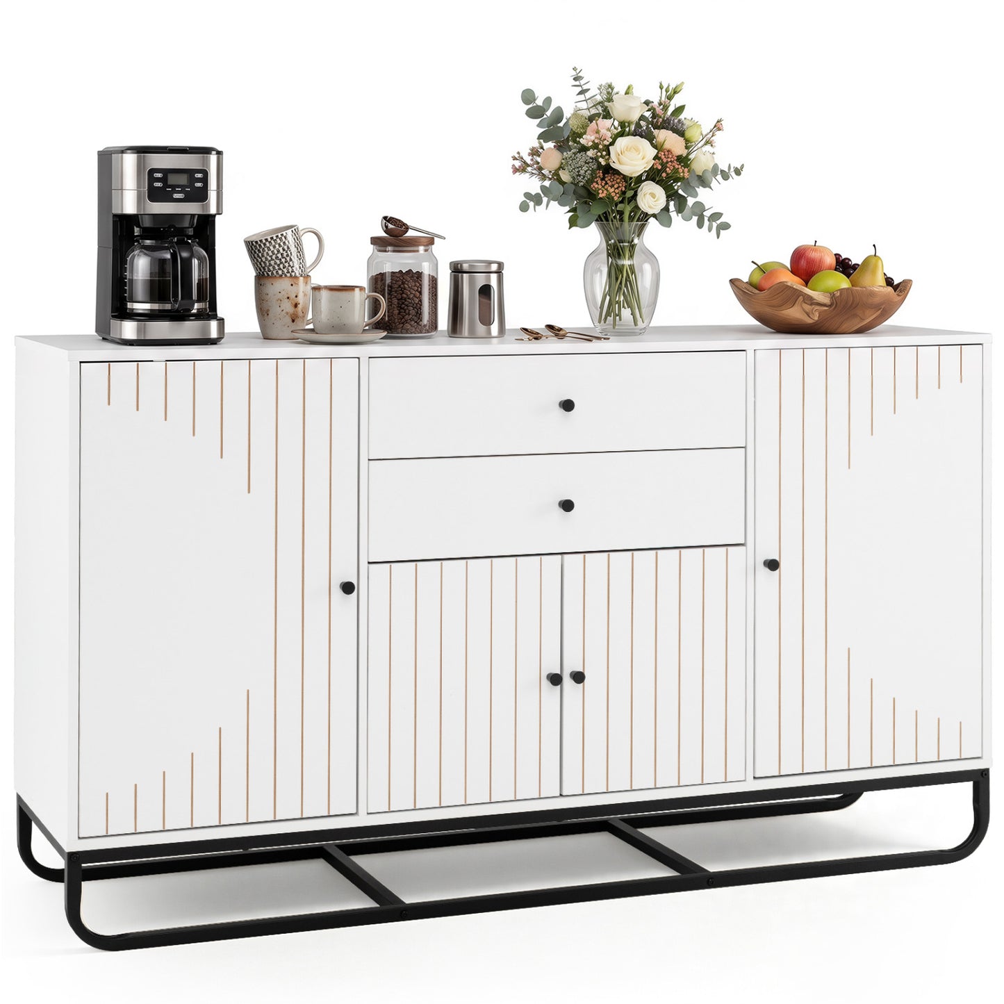 Modern Buffet Sideboard Cabinet, 2 Drawers, Adjustable Shelves, White