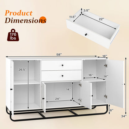 Modern Buffet Sideboard Cabinet, 2 Drawers, Adjustable Shelves, White
