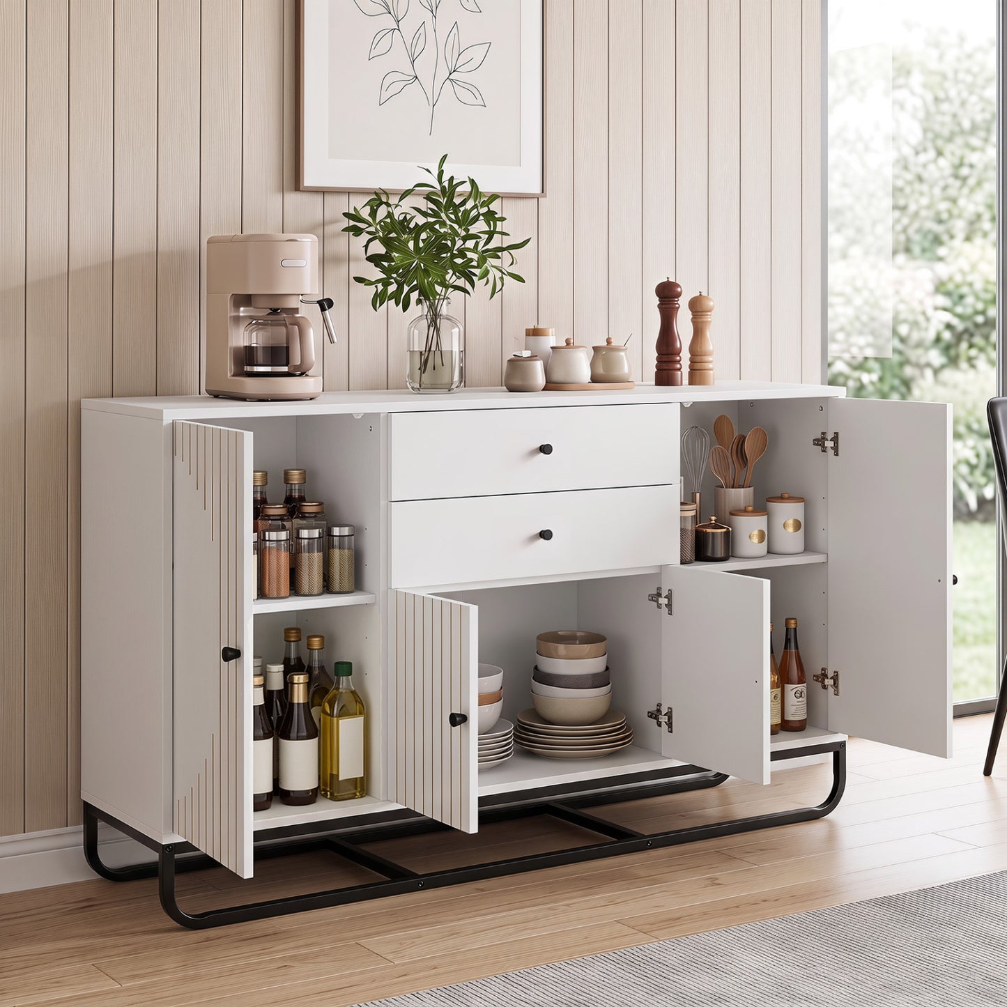 Modern Buffet Sideboard Cabinet, 2 Drawers, Adjustable Shelves, White