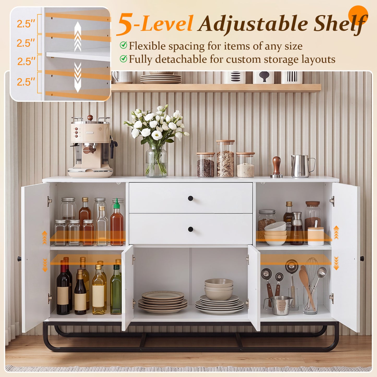 Modern Buffet Sideboard Cabinet, 2 Drawers, Adjustable Shelves, White
