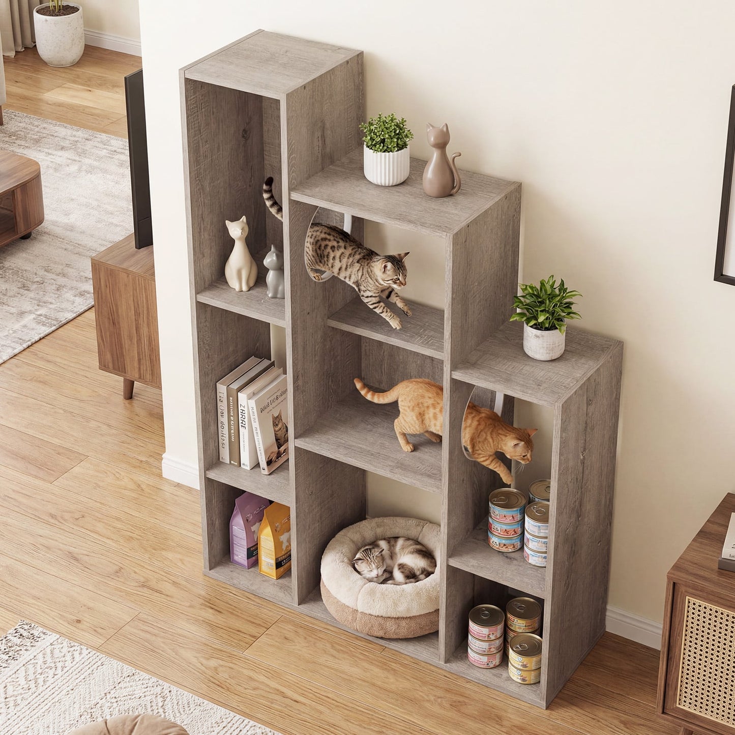 Modern Cat Bookshelf Tree, 8-Section Storage Cabinet, Oak, Gray Cat Trees Condos & Scratchers at Gallery Canada