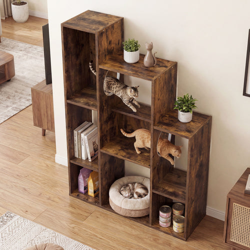 Modern Cat Bookshelf Tree, 8-Section Storage Cabinet, Brown