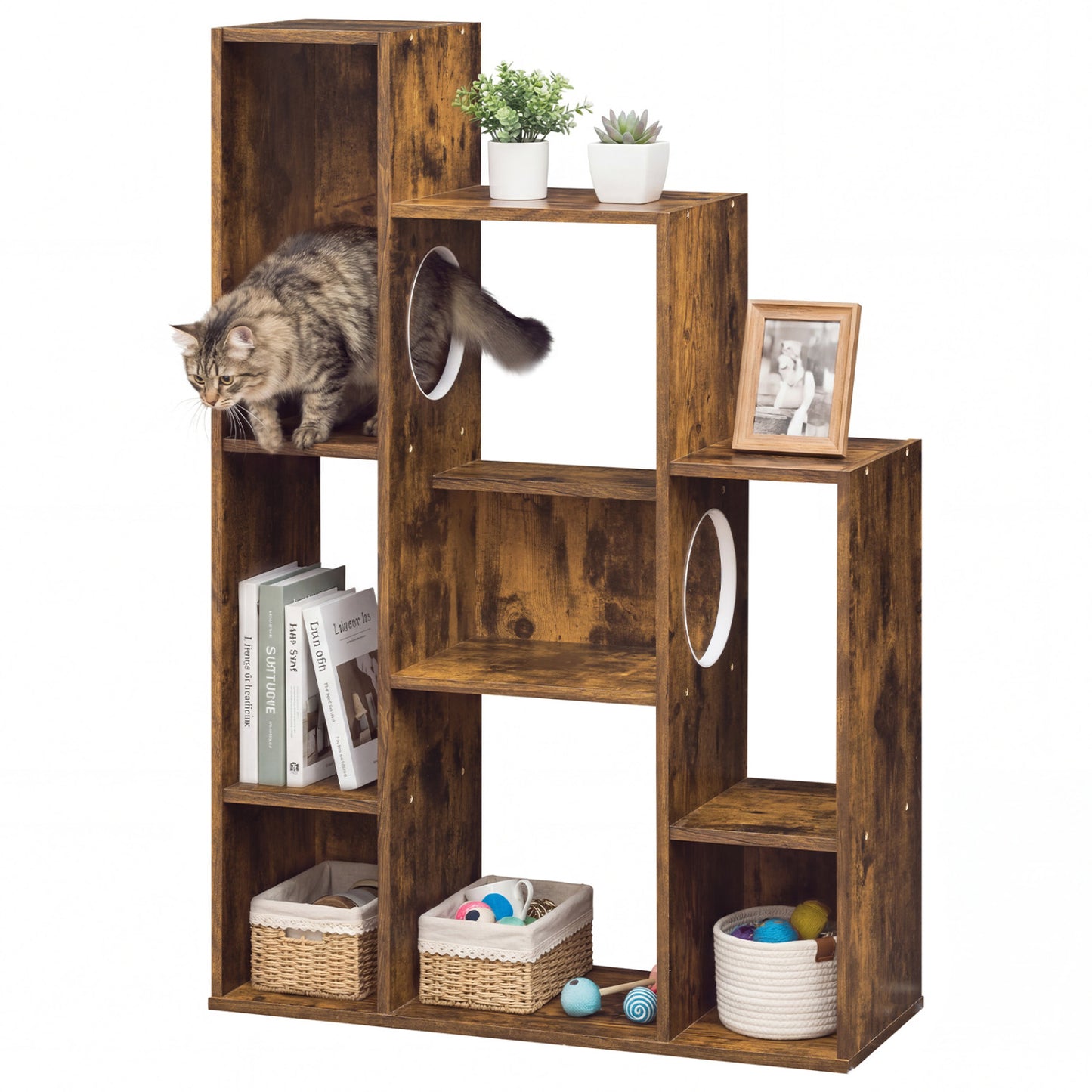 Modern Cat Bookshelf Tree, 8-Section Storage Cabinet, Brown Cat Trees Condos & Scratchers at Gallery Canada