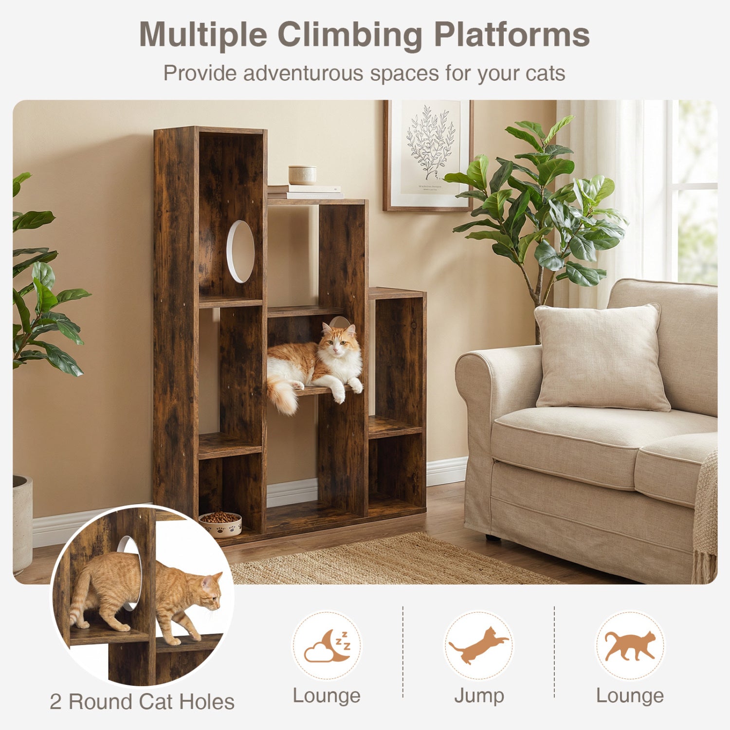 Modern Cat Bookshelf Tree, 8-Section Storage Cabinet, Brown Cat Trees Condos & Scratchers at Gallery Canada