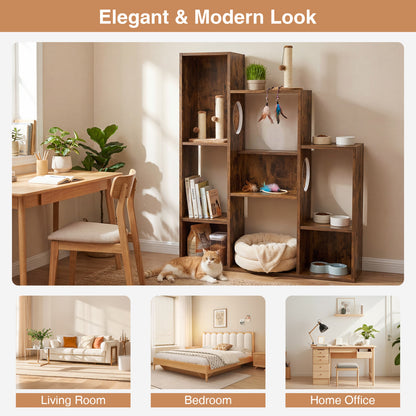 Modern Cat Bookshelf Tree, 8-Section Storage Cabinet, Brown Cat Trees Condos & Scratchers at Gallery Canada