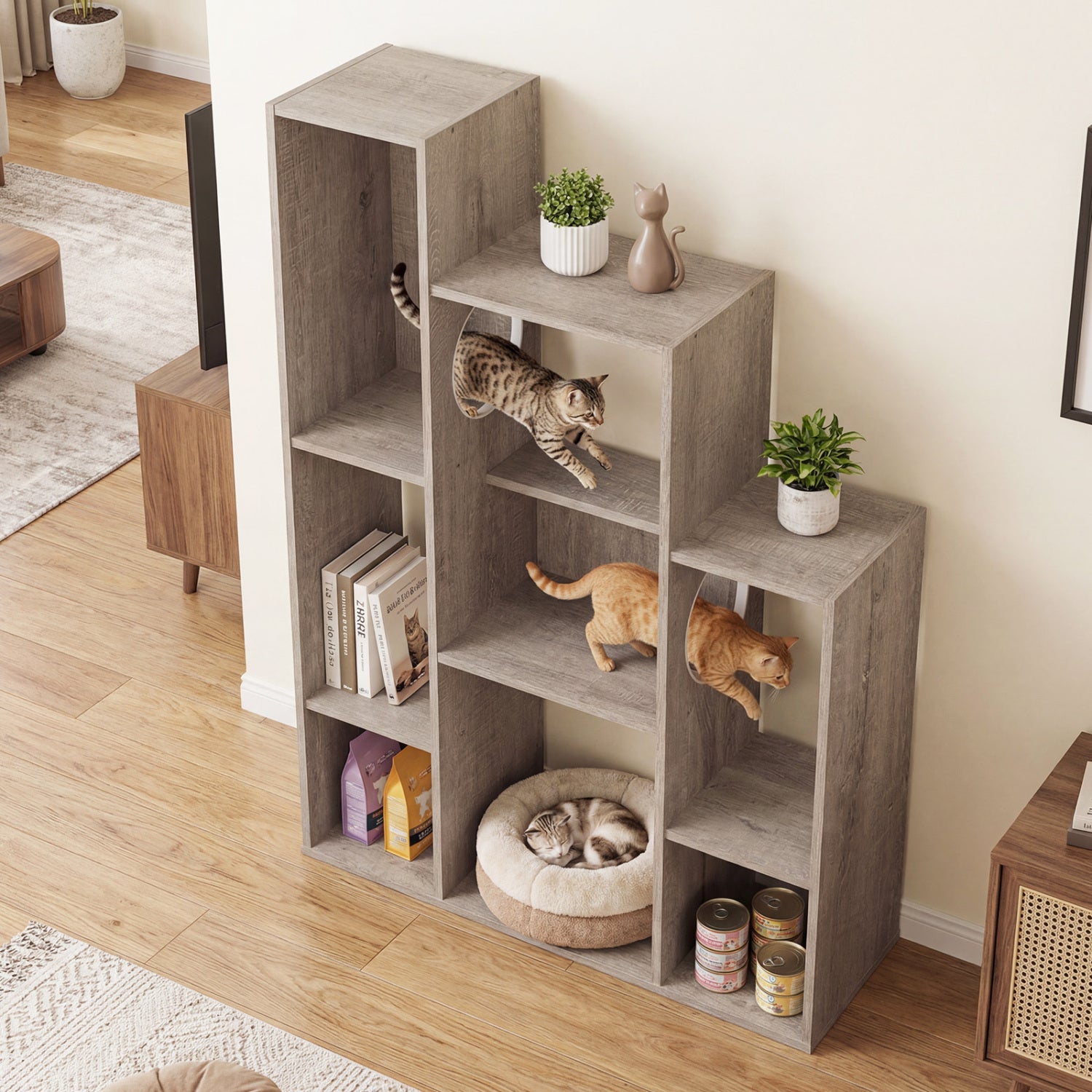 Modern Cat Bookshelf Tree, 8-Section Storage Cabinet, Oak, Gray Cat Trees Condos & Scratchers at Gallery Canada