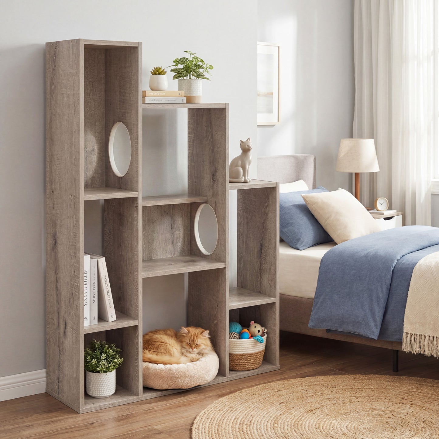 Modern Cat Bookshelf Tree, 8-Section Storage Cabinet, Oak, Gray Cat Trees Condos & Scratchers at Gallery Canada