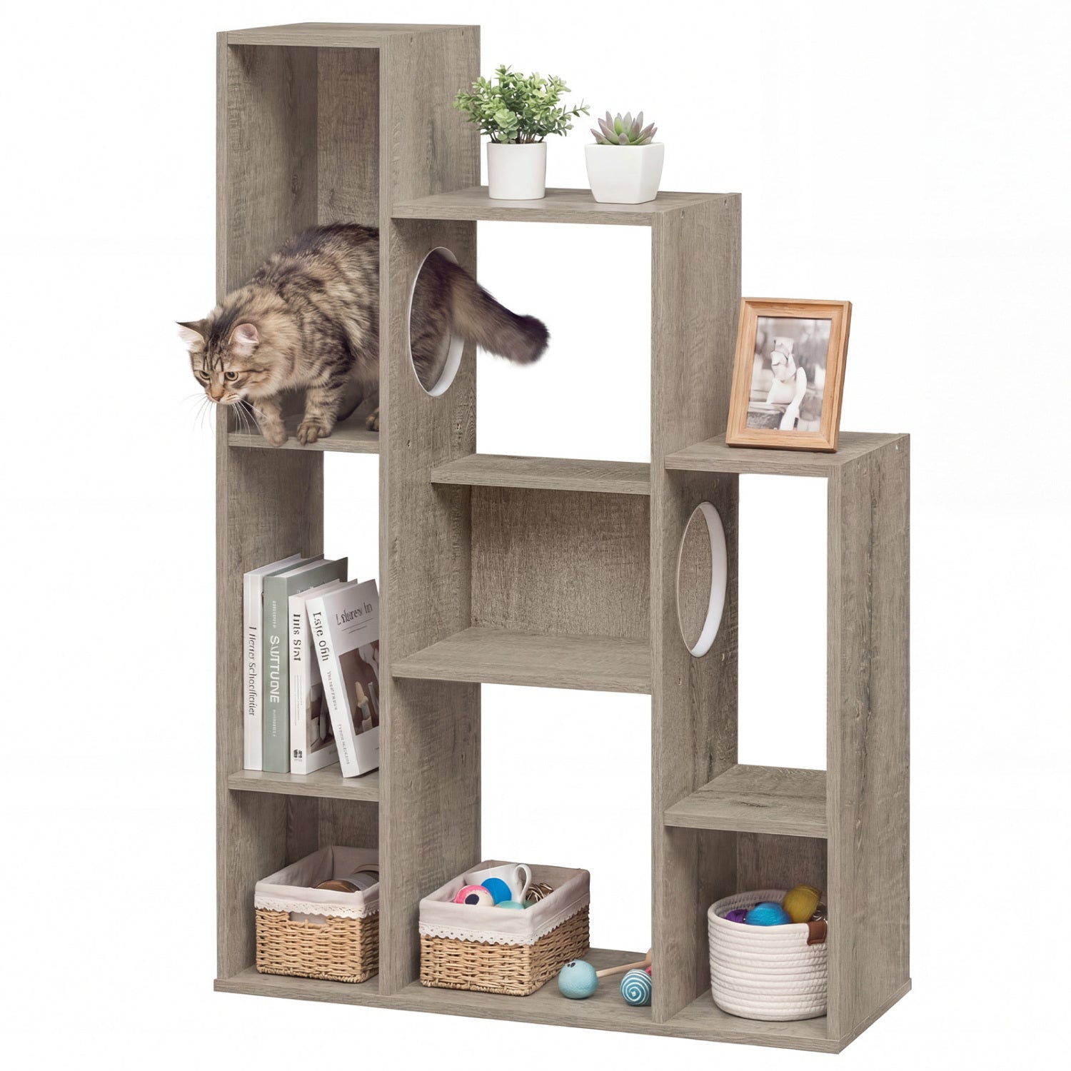 Modern Cat Bookshelf Tree, 8-Section Storage Cabinet, Oak, Gray Cat Trees Condos & Scratchers at Gallery Canada