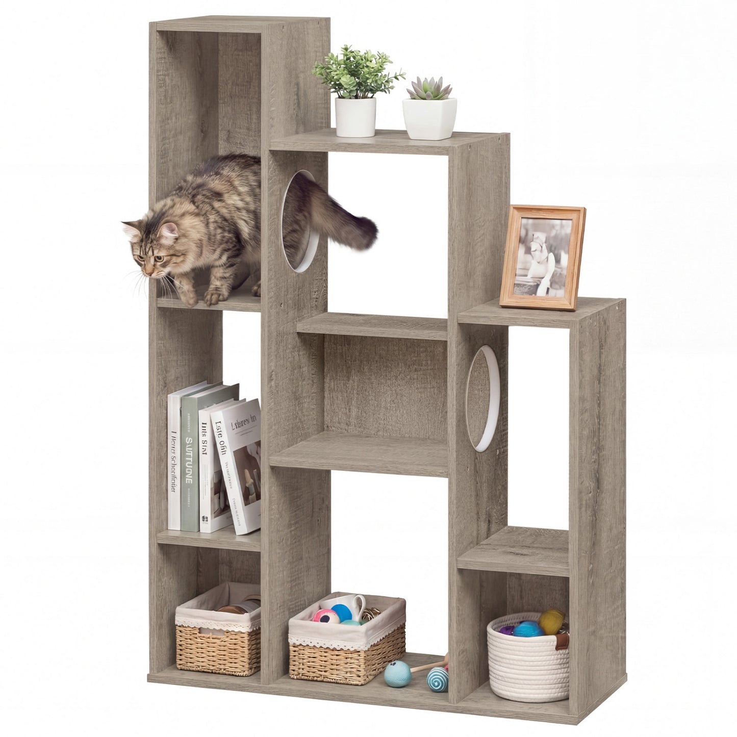 Modern Cat Bookshelf Tree, 8-Section Storage Cabinet, Oak, Gray Cat Trees Condos & Scratchers at Gallery Canada