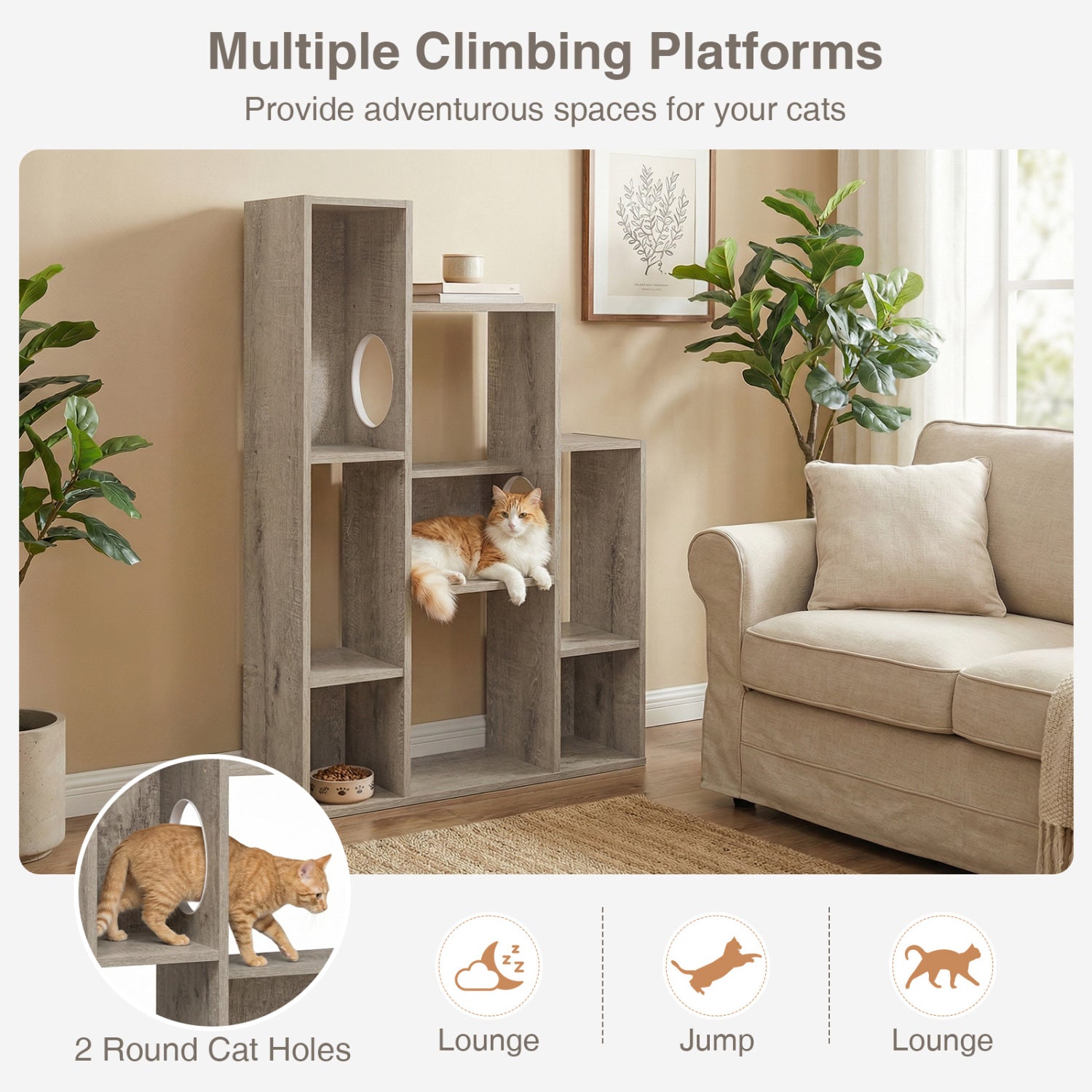 Modern Cat Bookshelf Tree, 8-Section Storage Cabinet, Oak, Gray Cat Trees Condos & Scratchers at Gallery Canada