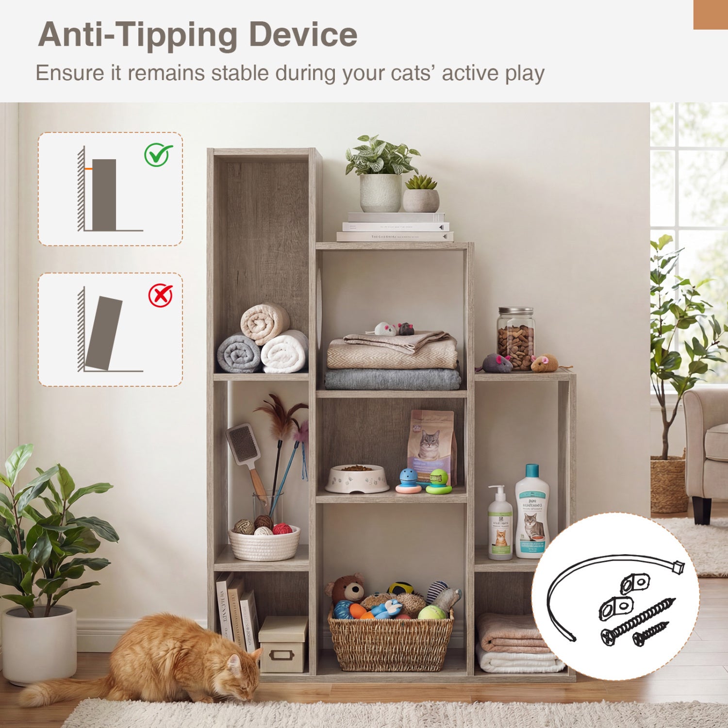 Modern Cat Bookshelf Tree, 8-Section Storage Cabinet, Oak, Gray Cat Trees Condos & Scratchers at Gallery Canada