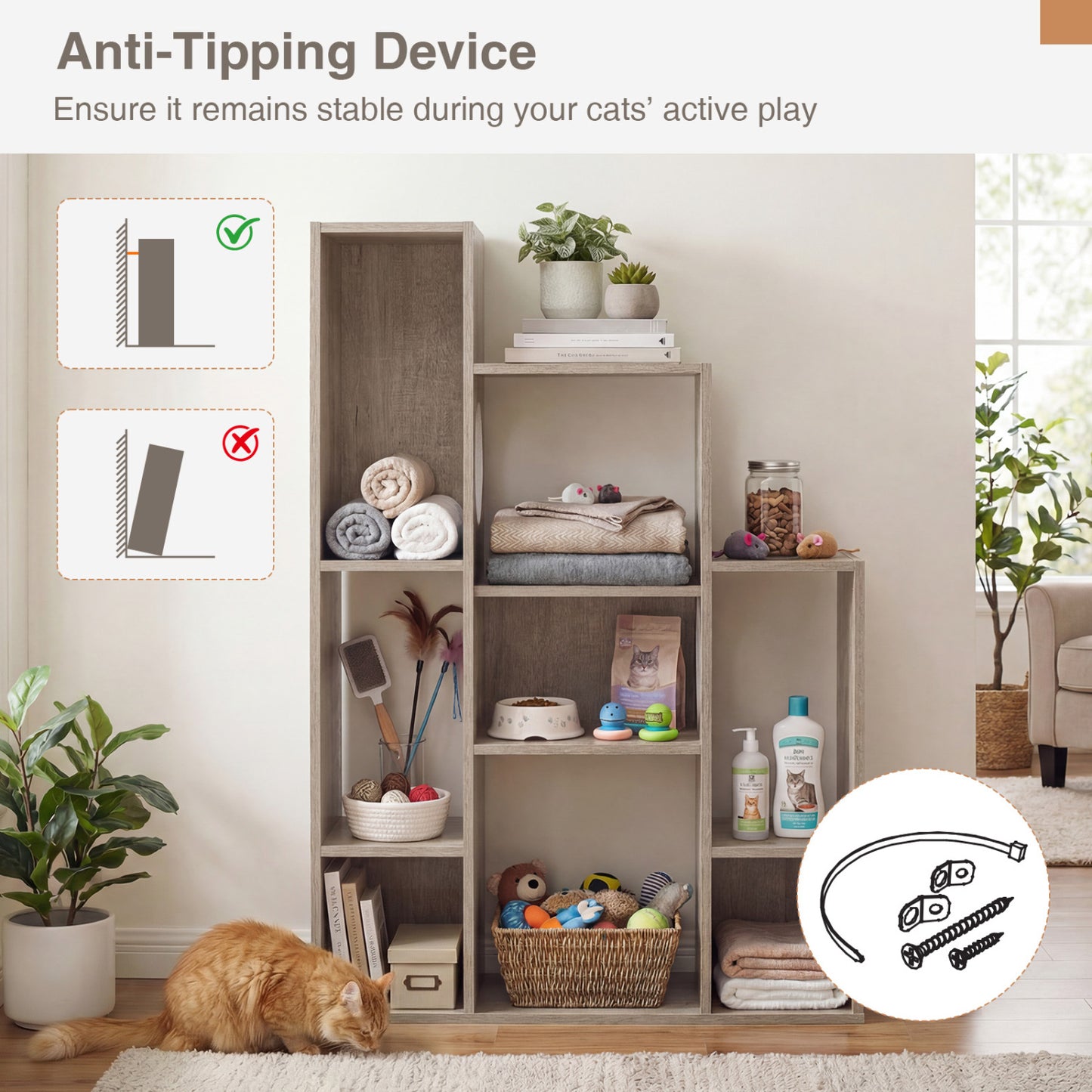 Modern Cat Bookshelf Tree, 8-Section Storage Cabinet, Oak, Gray Cat Trees Condos & Scratchers at Gallery Canada