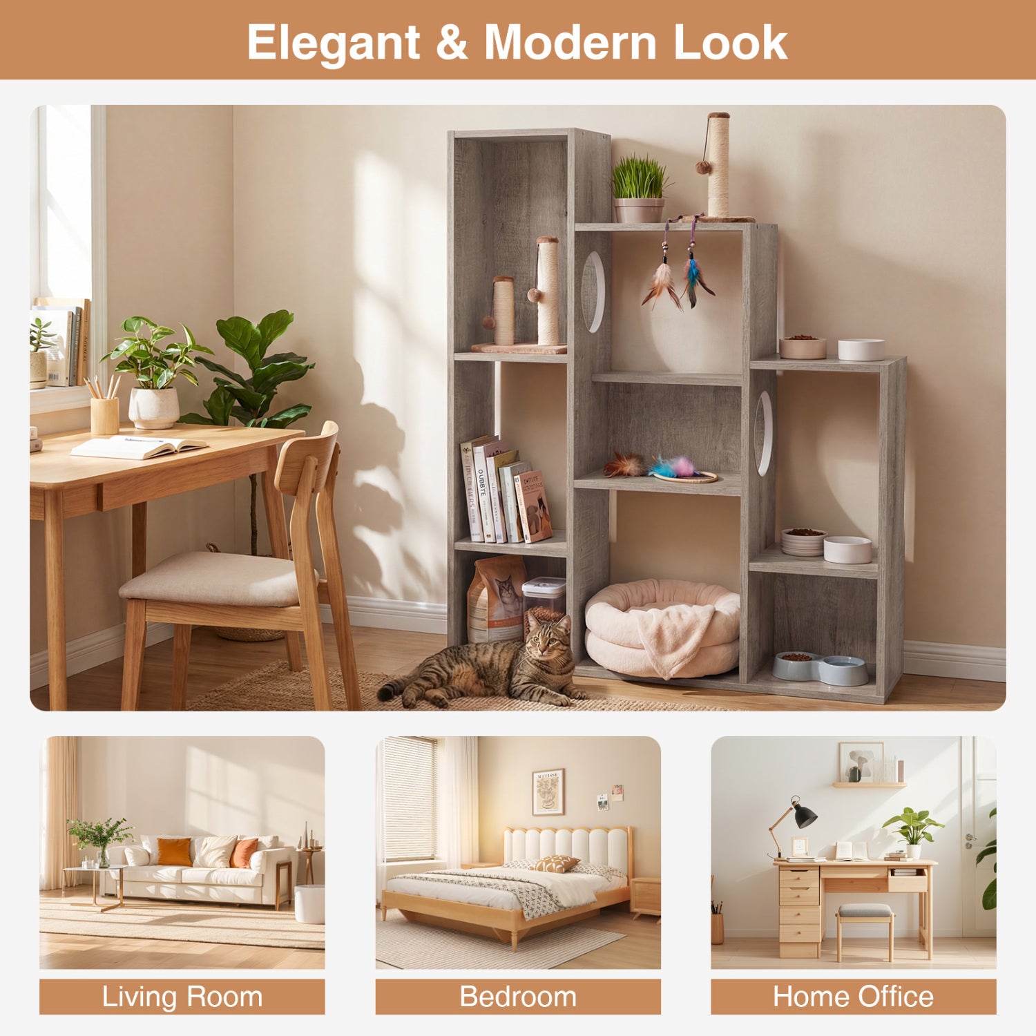 Modern Cat Bookshelf Tree, 8-Section Storage Cabinet, Oak, Gray Cat Trees Condos & Scratchers at Gallery Canada