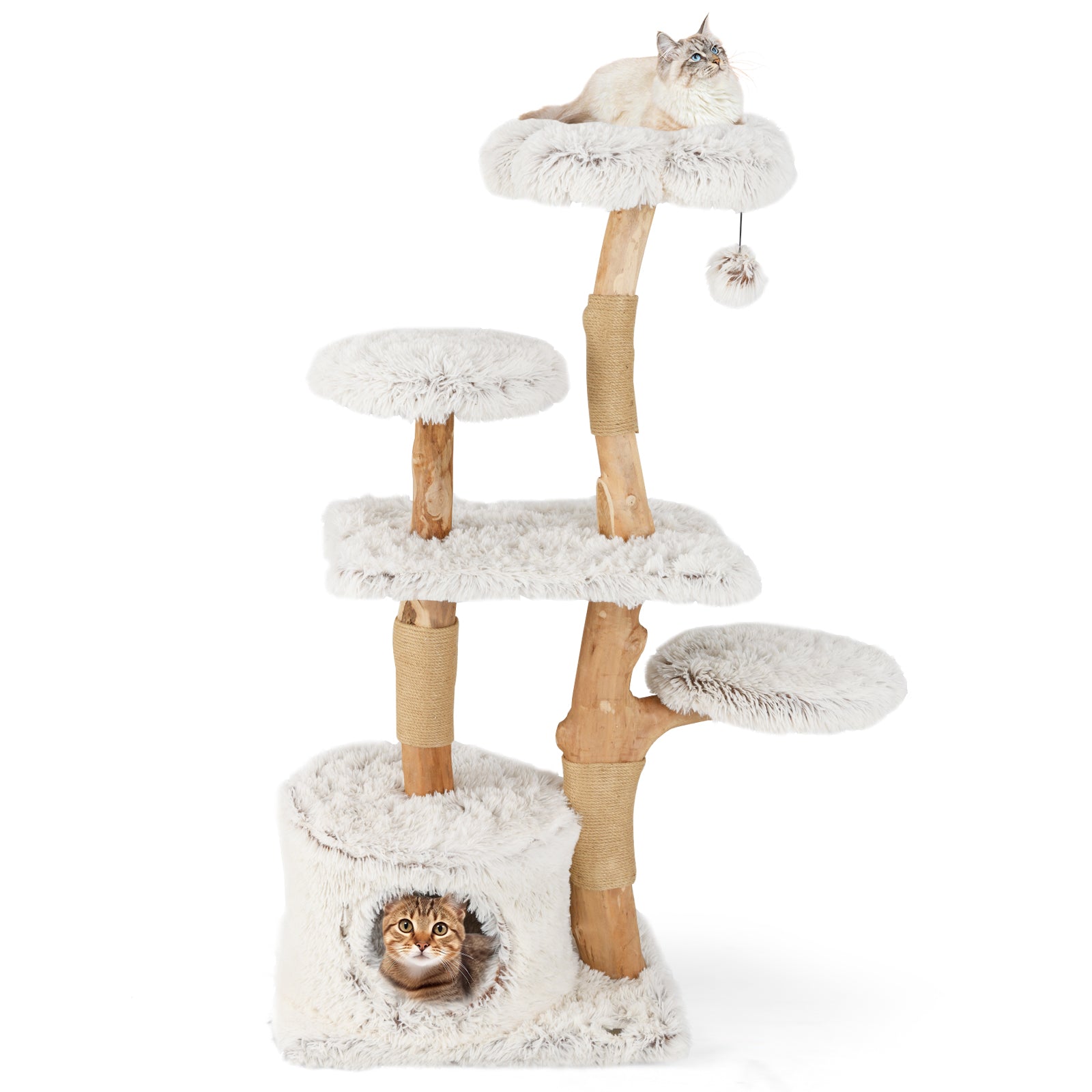 Modern Cat Tree 53 Inch Tall Natural Branch Wooden Cat Tower with Jute Scratching Posts, White Cat Trees Condos & Scratchers at Gallery Canada