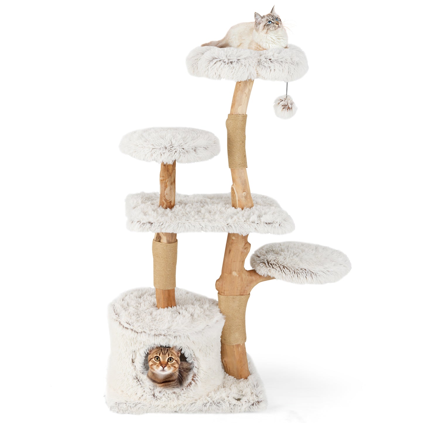 Modern Cat Tree 53 Inch Tall Natural Branch Wooden Cat Tower with Jute Scratching Posts, White Cat Trees Condos & Scratchers at Gallery Canada