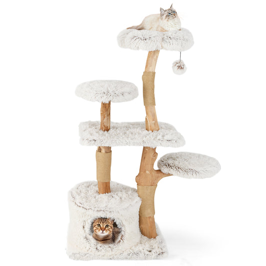Modern Cat Tree 53 Inch Tall Natural Branch Wooden Cat Tower with Jute Scratching Posts, White Cat Trees Condos & Scratchers White at Gallery Canada
