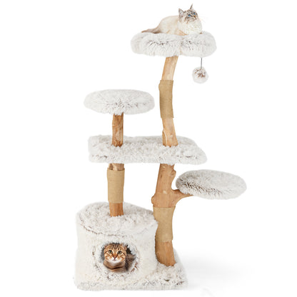 Modern Cat Tree 53 Inch Tall Natural Branch Wooden Cat Tower with Jute Scratching Posts, White Cat Trees Condos & Scratchers White at Gallery Canada