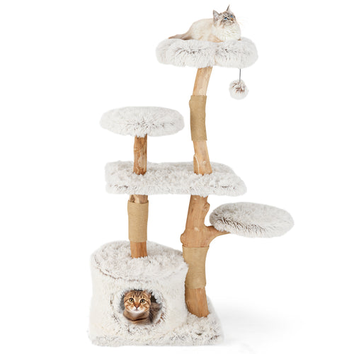 Modern Cat Tree 53 Inch Tall Natural Branch Wooden Cat Tower with Jute Scratching Posts, White