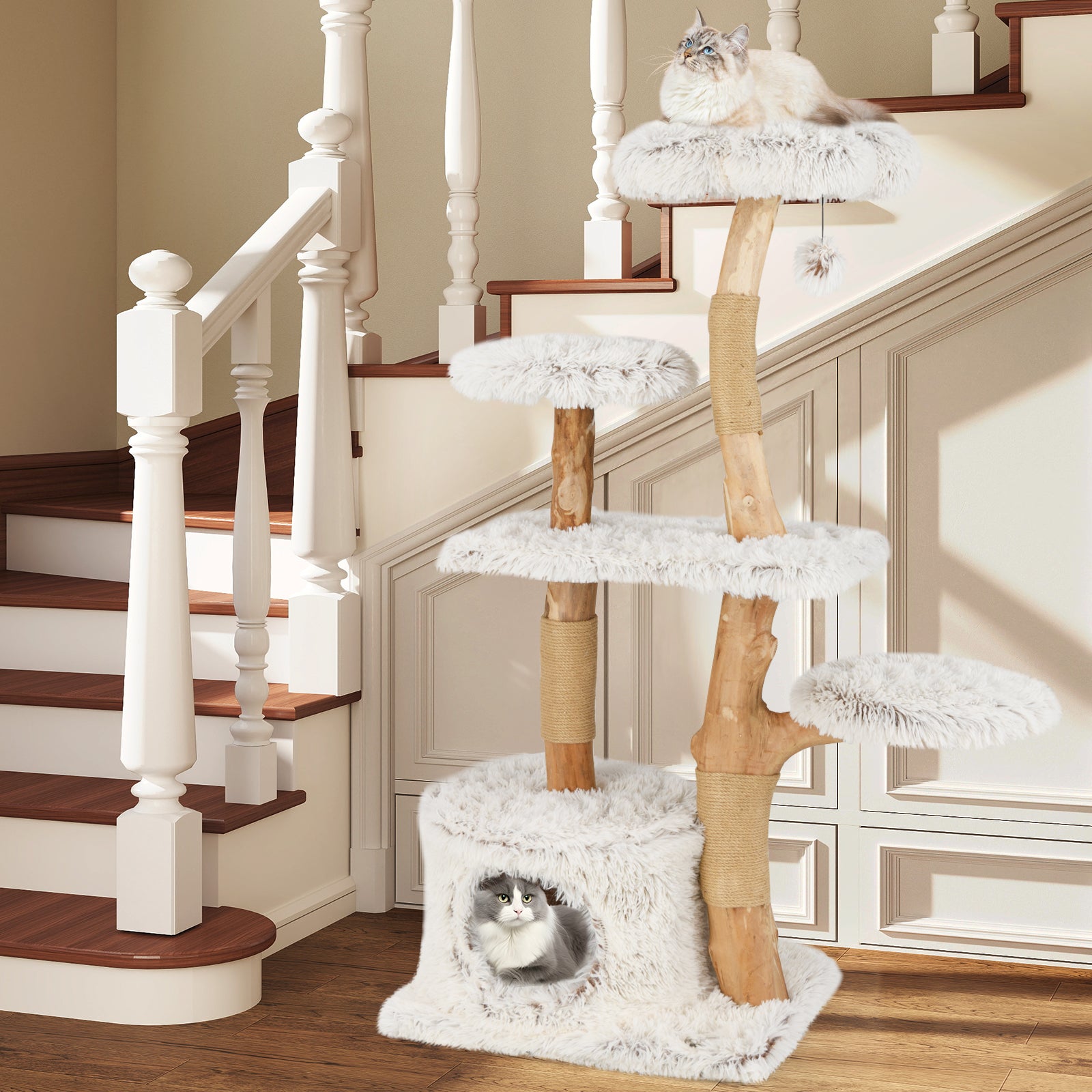 Modern Cat Tree 53 Inch Tall Natural Branch Wooden Cat Tower with Jute Scratching Posts, White Cat Trees Condos & Scratchers at Gallery Canada