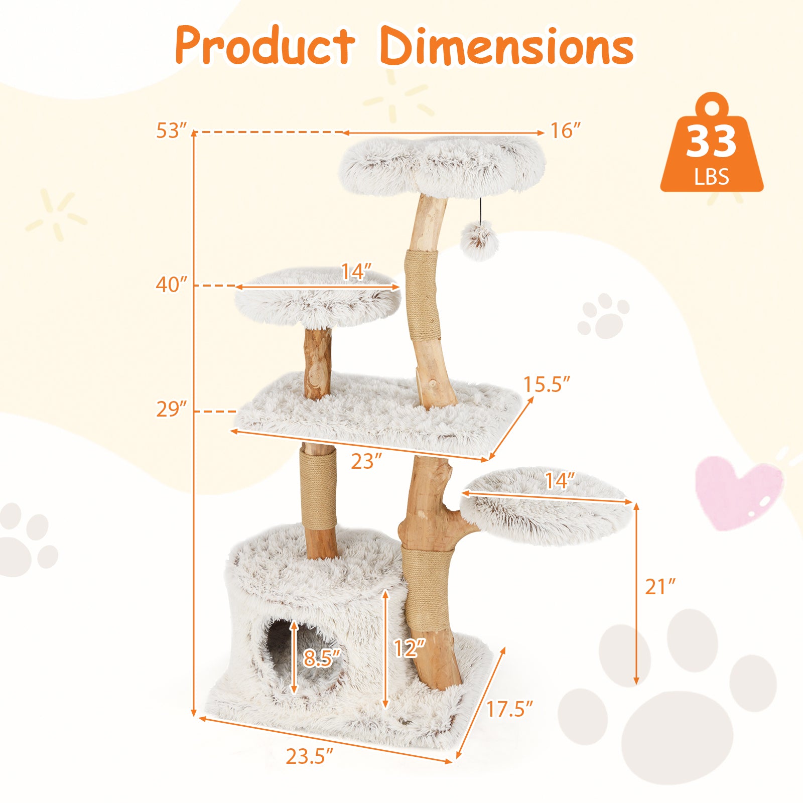 Modern Cat Tree 53 Inch Tall Natural Branch Wooden Cat Tower with Jute Scratching Posts, White Cat Trees Condos & Scratchers at Gallery Canada