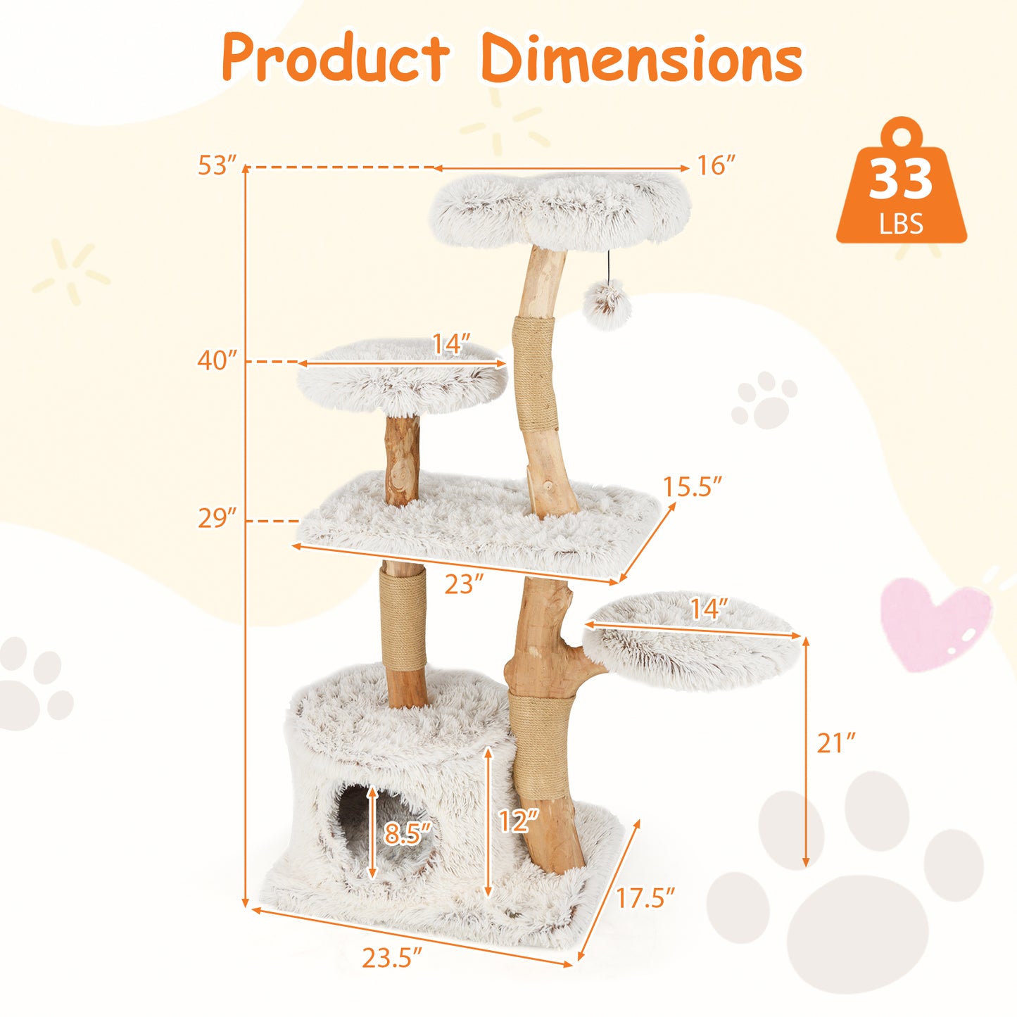 Modern Cat Tree 53 Inch Tall Natural Branch Wooden Cat Tower with Jute Scratching Posts, White Cat Trees Condos & Scratchers at Gallery Canada