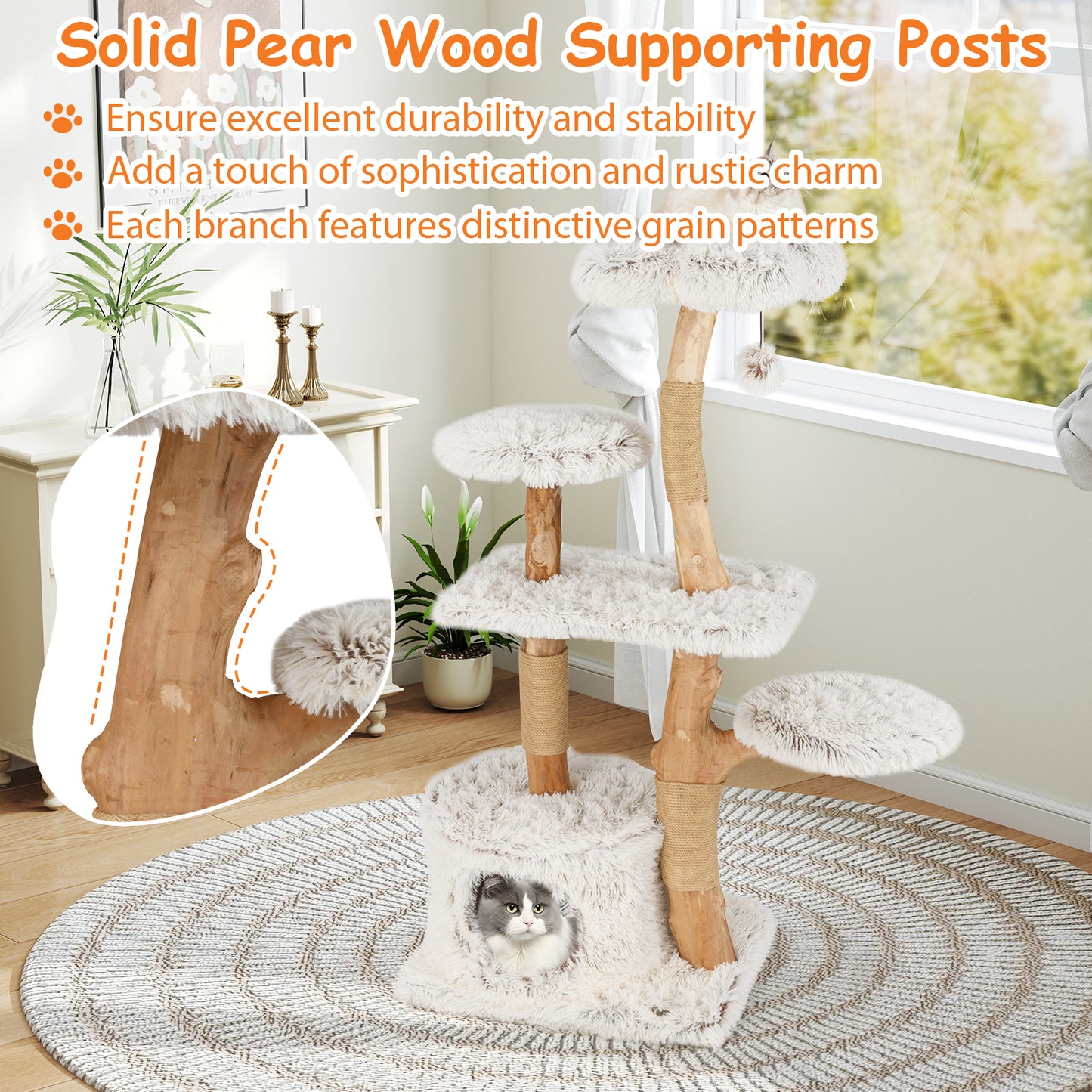 Modern Cat Tree 53 Inch Tall Natural Branch Wooden Cat Tower with Jute Scratching Posts, White Cat Trees Condos & Scratchers at Gallery Canada